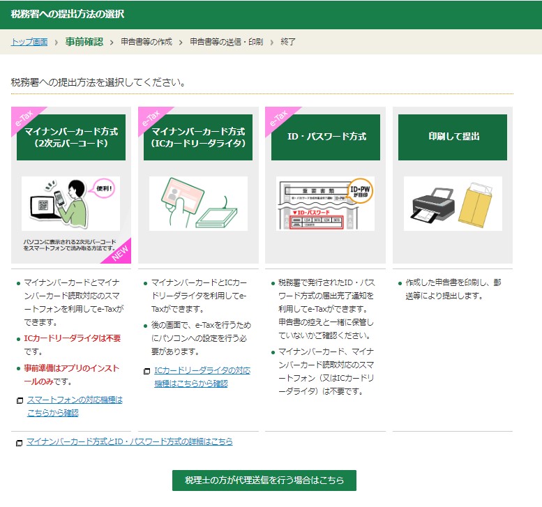 確定申告書作成コーナー　提出方法を選ぶ