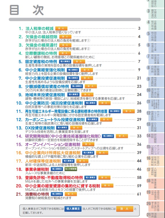 中小企業税制パンフレットの目次