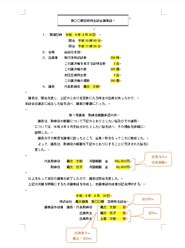 役員報酬変更時の定時株主総会議事録
