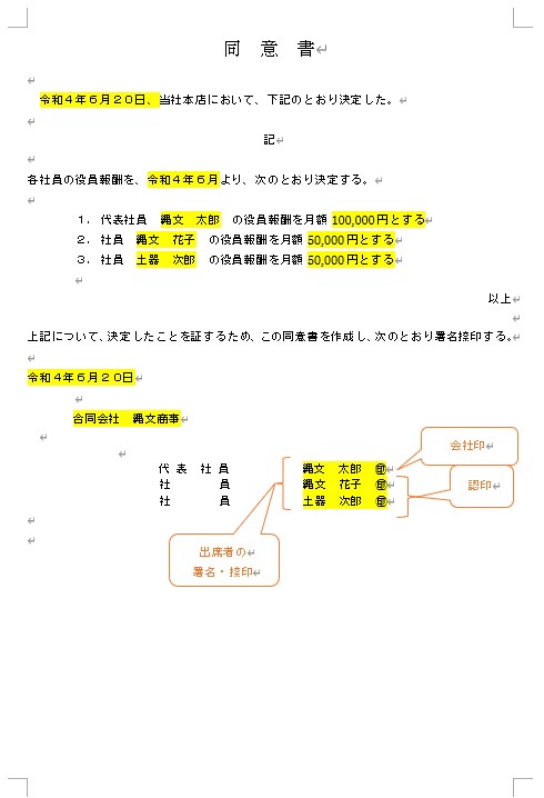 合同会社の役員報酬の同意書ひな形